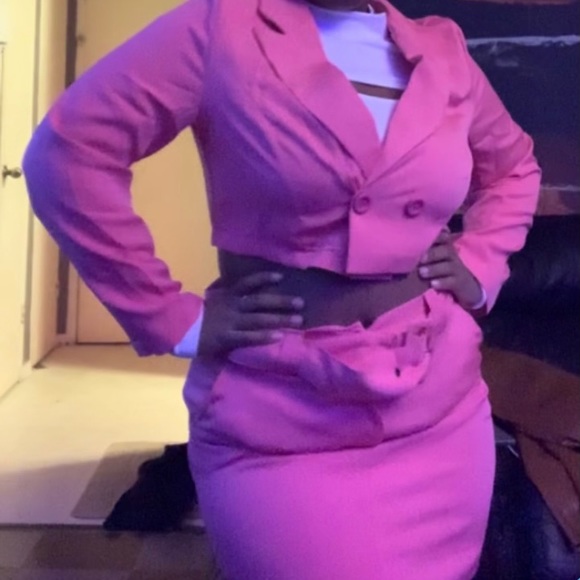 Pink Cropped Blazer Skirt Two 2 Piece Set - Picture 6 of 6